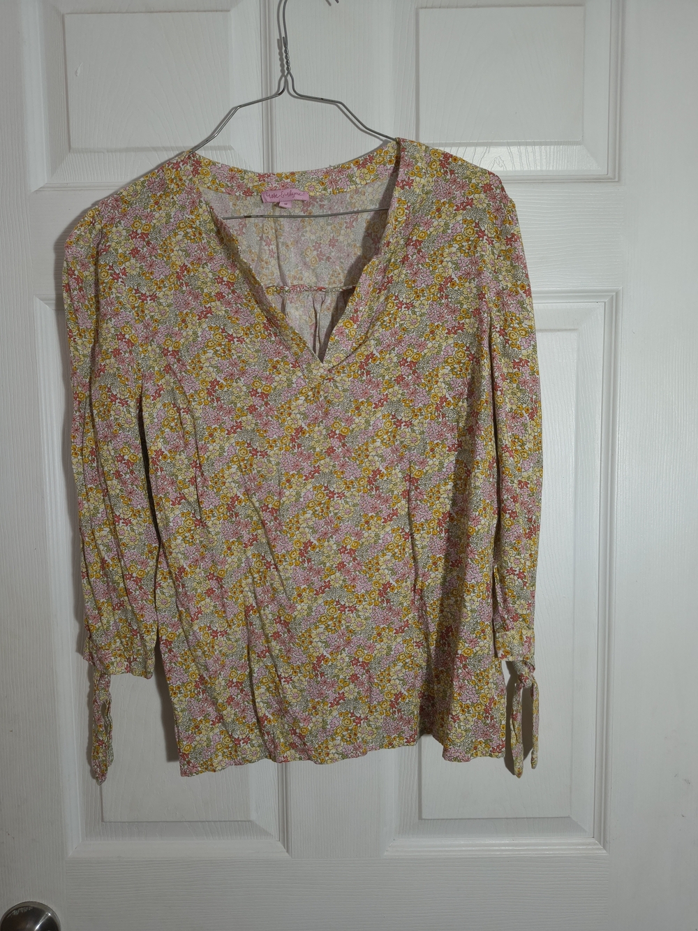 Floral V-Neck Tie-Sleeve Women's Top - Pink & Yellow